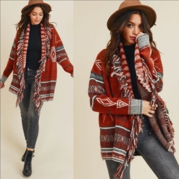 Rust Tribal Print Fringe Cardigan Sweater Fall Winter - Picture 7 of 8